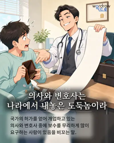 한국어 속담 “의사와 변호사는 나라에서 내놓은 도둑놈이라” 1컷 일러스트