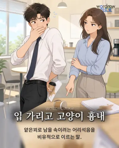 한국어 속담 “입 가리고 고양이 흉내” 1컷 일러스트
