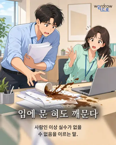 한국어 속담 “입에 문 혀도 깨문다”를 한 장면으로 담은 1컷 일러스트