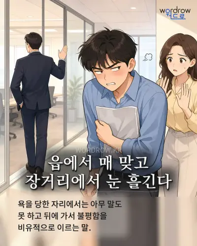 한국어 속담 “읍에서 매 맞고 장거리에서 눈 흘긴다” 1컷 일러스트