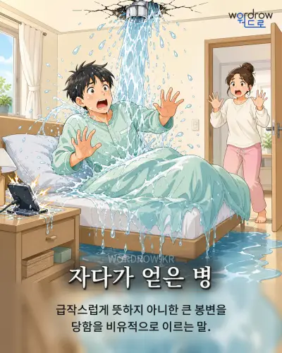 한국어 속담 “자다가 얻은 병” 1컷 일러스트