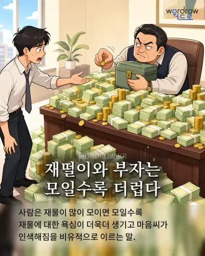 한국어 속담 “재떨이와 부자는 모일수록 더럽다” 1컷 일러스트