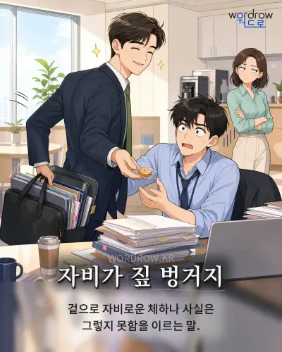 한국어 속담 “자비가 짚 벙거지” 1컷 일러스트