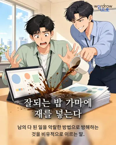 한국어 속담 “잘되는 밥 가마에 재를 넣는다” 1컷 일러스트