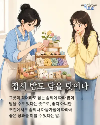 한국어 속담 “접시 밥도 담을 탓이다”를 한 장면으로 담은 1컷 일러스트