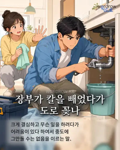 한국어 속담 “장부가 칼을 빼었다가 도로 꽂나” 1컷 일러스트