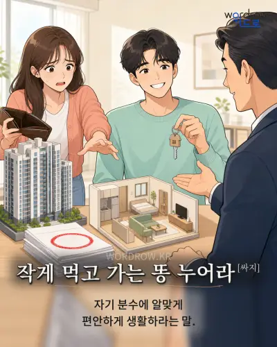 한국어 속담 “작게 먹고 가는 똥 누어라[싸지]” 1컷 일러스트