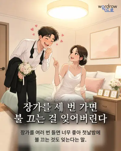 한국어 속담 “장가를 세 번 가면 불 끄는 걸 잊어버린다”를 한 장면으로 담은 1컷 일러스트