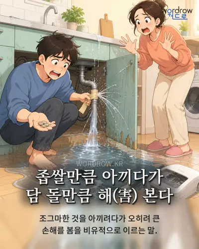 한국어 속담 “좁쌀만큼 아끼다가 담 돌만큼 해(害) 본다” 1컷 일러스트