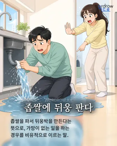 한국어 속담 “좁쌀에 뒤웅 판다” 1컷 일러스트