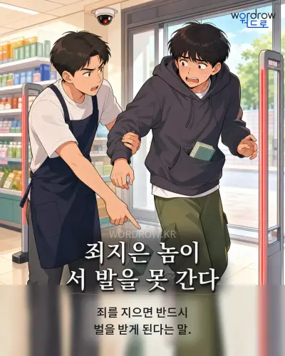 한국어 속담 “죄지은 놈이 서 발을 못 간다” 1컷 일러스트