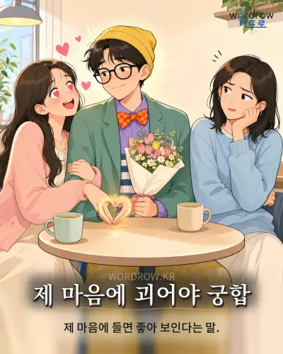 한국어 속담 “제 마음에 괴어야 궁합”를 한 장면으로 담은 1컷 일러스트