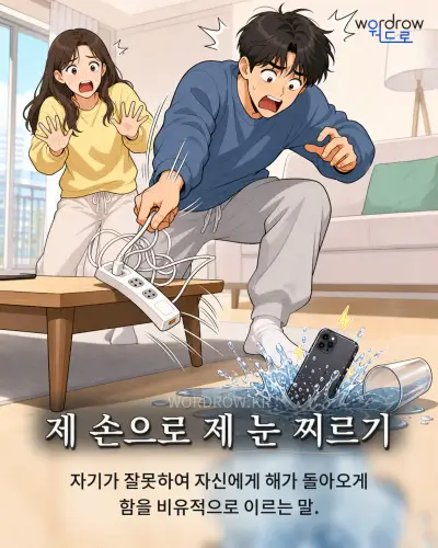 한국어 속담 “제 손으로 제 눈 찌르기” 1컷 일러스트