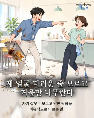 한국어 속담 “제 얼굴 더러운 줄 모르고 거울만 나무란다” 1컷 일러스트