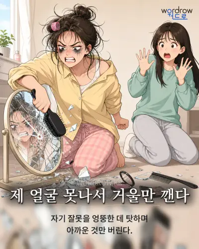 한국어 속담 “제 얼굴 못나서 거울만 깬다” 1컷 일러스트