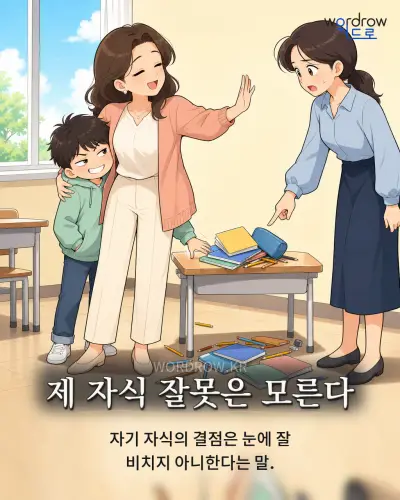 한국어 속담 “제 자식 잘못은 모른다”를 한 장면으로 담은 1컷 일러스트
