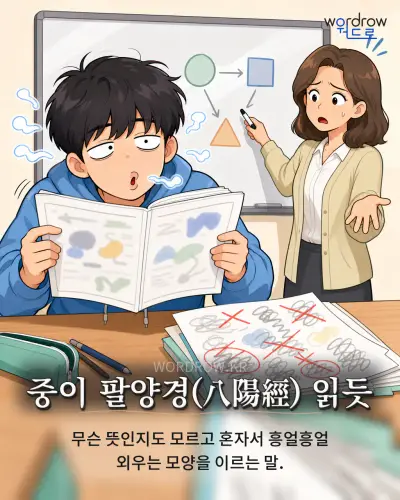 한국어 속담 “중이 팔양경(八陽經) 읽듯” 1컷 일러스트
