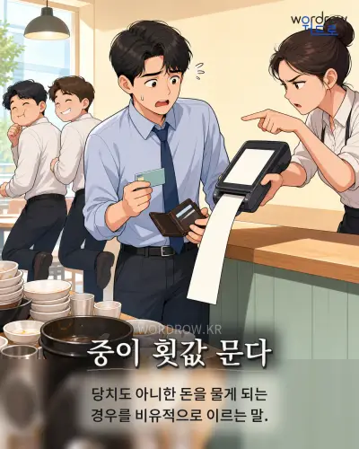 한국어 속담 “중이 횟값 문다” 1컷 일러스트