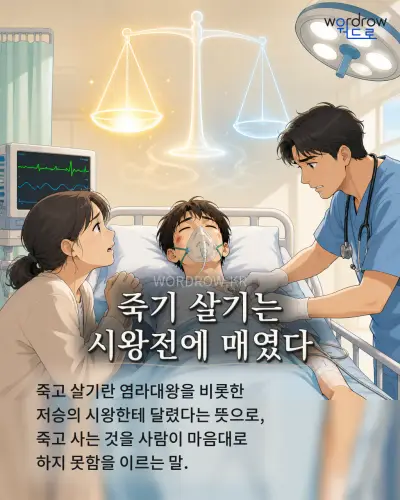 한국어 속담 “죽기 살기는 시왕전에 매였다” 1컷 일러스트