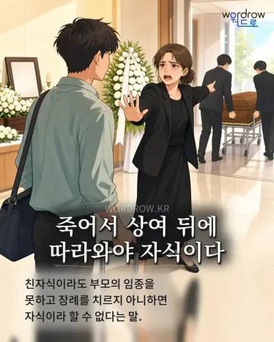 한국어 속담 “죽어서 상여 뒤에 따라와야 자식이다” 1컷 일러스트
