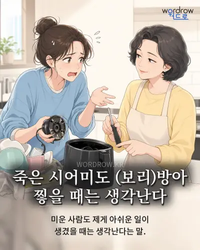 한국어 속담 “죽은 시어미도방아 찧을 때는 생각난다”를 한 장면으로 담은 1컷 일러스트
