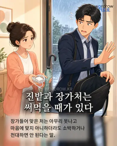 한국어 속담 “진밭과 장가처는 써먹을 때가 있다” 1컷 일러스트