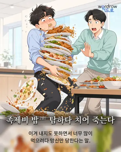 한국어 속담 “족제비 밥 탐하다 치어 죽는다” 1컷 일러스트