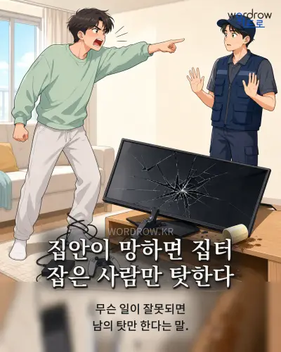한국어 속담 “집안이 망하면 집터 잡은 사람만 탓한다” 1컷 일러스트