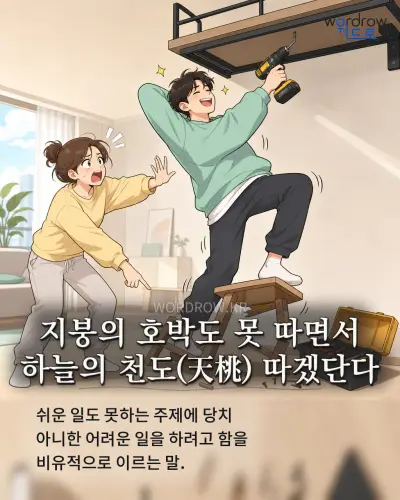한국어 속담 “지붕의 호박도 못 따면서 하늘의 천도(天桃) 따겠단다” 1컷 일러스트