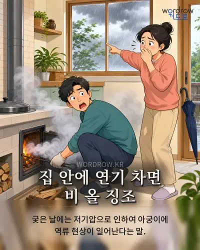 한국어 속담 “집 안에 연기 차면 비 올 징조” 1컷 일러스트