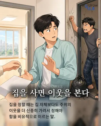 한국어 속담 “집을 사면 이웃을 본다” 1컷 일러스트