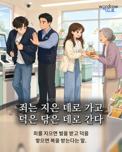 한국어 속담 “죄는 지은 데로 가고 덕은 닦은 데로 간다” 1컷 일러스트