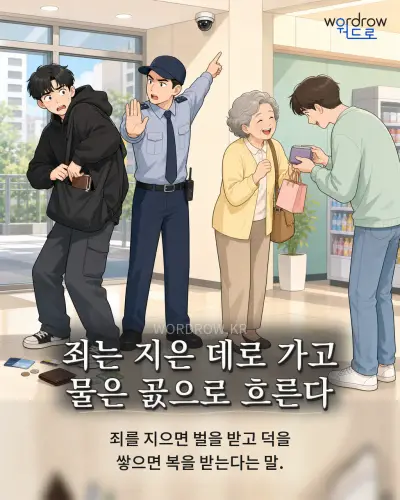 한국어 속담 “죄는 지은 데로 가고 물은 곬으로 흐른다” 1컷 일러스트