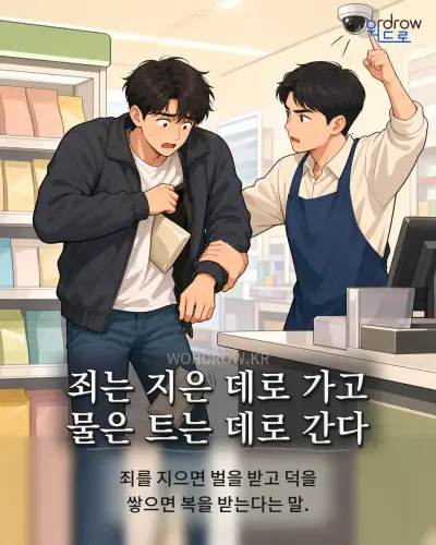 한국어 속담 “죄는 지은 데로 가고 물은 트는 데로 간다” 1컷 일러스트