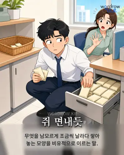 한국어 속담 “쥐 면내듯” 1컷 일러스트