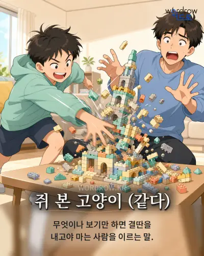 한국어 속담 “쥐 본 고양이 (같다)” 1컷 일러스트