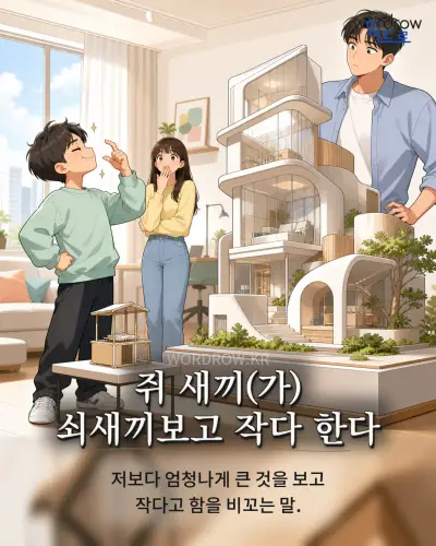 한국어 속담 “쥐 새끼(가) 쇠새끼보고 작다 한다” 1컷 일러스트