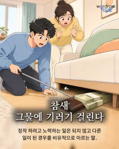 한국어 속담 “참새 그물에 기러기 걸린다” 1컷 일러스트