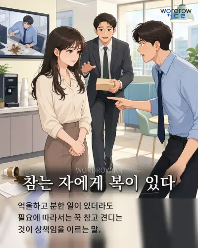 한국어 속담 “참는 자에게 복이 있다” 1컷 일러스트