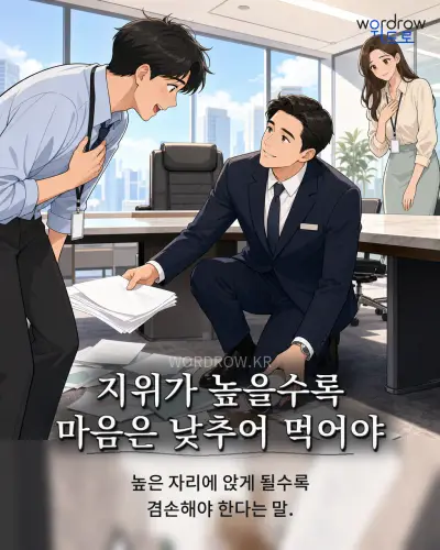 한국어 속담 “지위가 높을수록 마음은 낮추어 먹어야” 1컷 일러스트