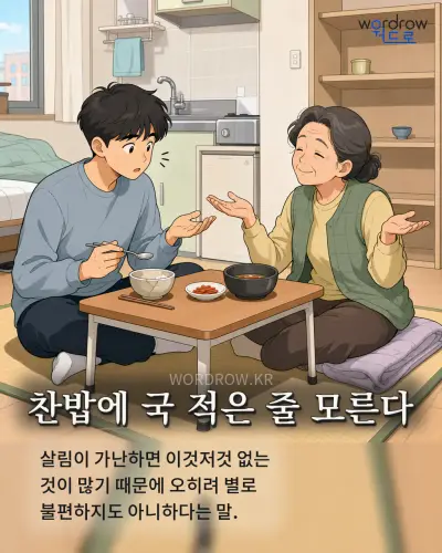 한국어 속담 “찬밥에 국 적은 줄 모른다”를 한 장면으로 담은 1컷 일러스트