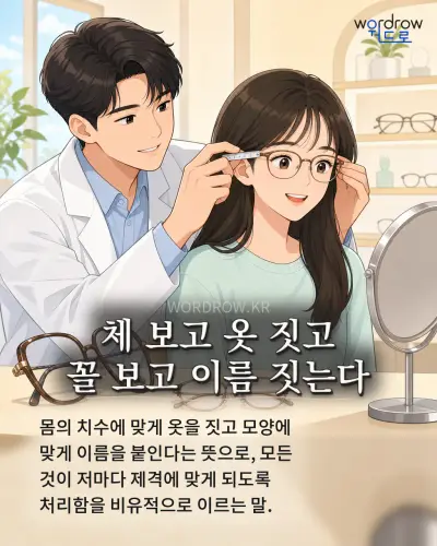 한국어 속담 “체 보고 옷 짓고 꼴 보고 이름 짓는다” 1컷 일러스트