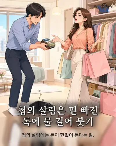 한국어 속담 “첩의 살림은 밑 빠진 독에 물 길어 붓기” 1컷 일러스트