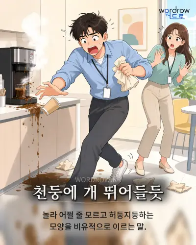 한국어 속담 “천둥에 개 뛰어들듯”를 한 장면으로 담은 1컷 일러스트