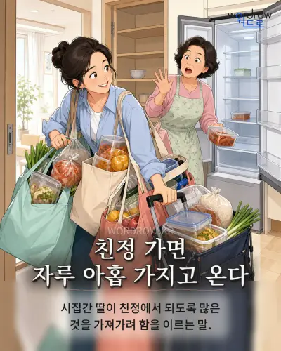 한국어 속담 “친정 가면 자루 아홉 가지고 온다” 1컷 일러스트