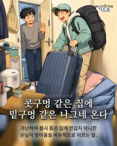 한국어 속담 “콧구멍 같은 집에 밑구멍 같은 나그네 온다” 1컷 일러스트