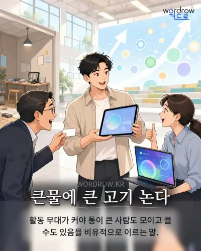 한국어 속담 “큰물에 큰 고기 논다” 1컷 일러스트