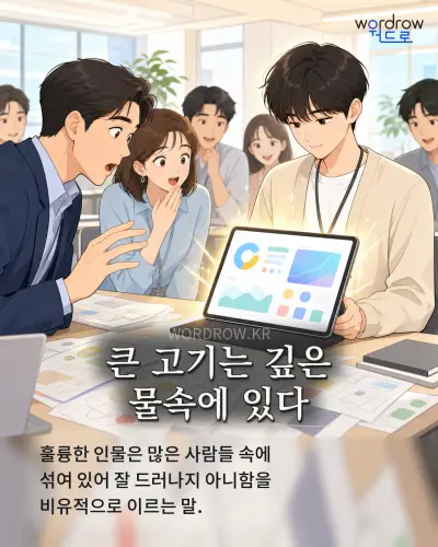 한국어 속담 “큰 고기는 깊은 물속에 있다” 1컷 일러스트