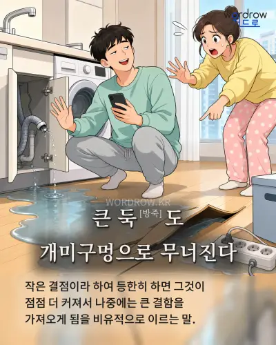 한국어 속담 “큰 둑[방죽]도 개미구멍으로 무너진다” 1컷 일러스트