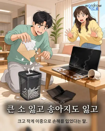 한국어 속담 “큰 소 잃고 송아지도 잃고” 1컷 일러스트